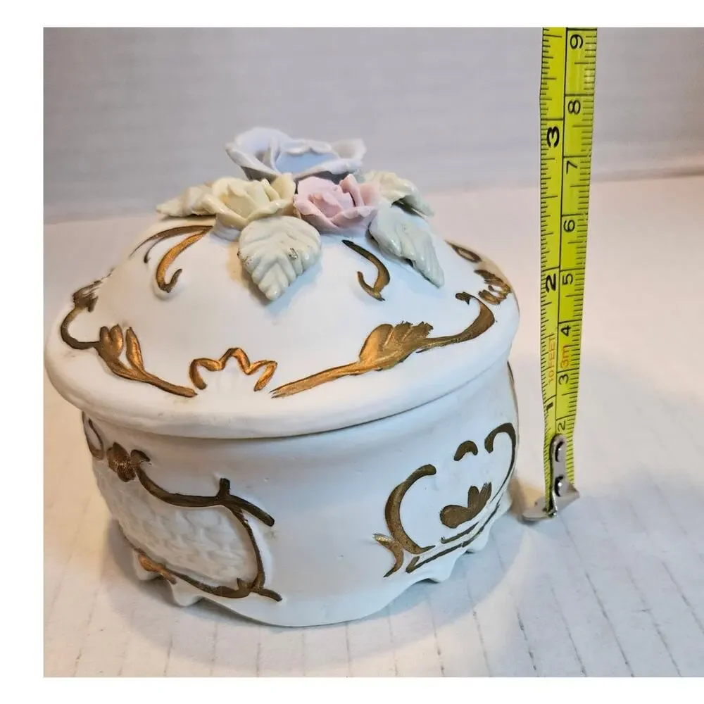 VTG Porcelain, Bisque Trinket Box Ornate Gold Scroll Porcelain Flower UCGC Korea
